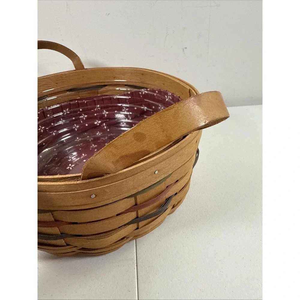 2005 Longaberger Darning Basket Round, Leather Handles, Plastic and Fabric Liner